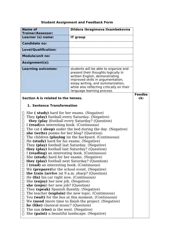 Student Assignment and Feedback Form