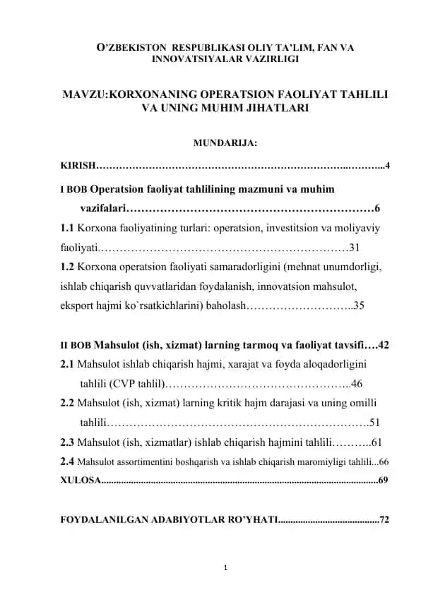 Korxonaning Operatsion Faoliyat Tahlili va Uning Muhim Jihatlari
