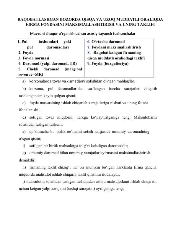 Raqobatlashgan bozorda qisqa va uzoq muddatli oraliqda firma foydasini maksimallashtirish va uning taklifi