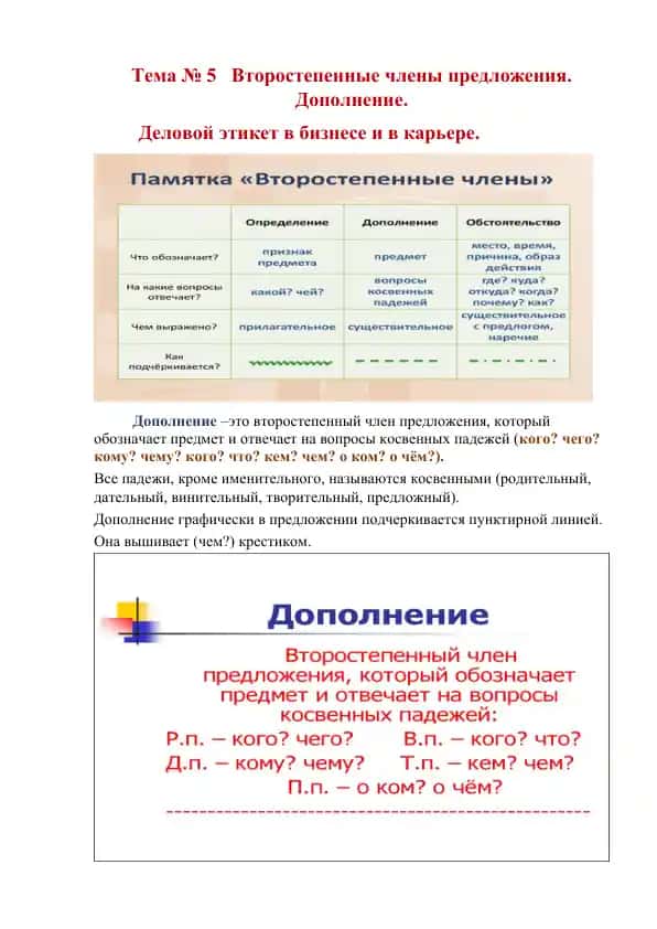 Vtorostepennyye chleny predlozheniya. Doplneniye.
