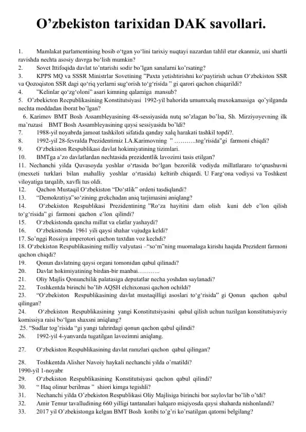 O’zbekiston tarixidan DAK savollari