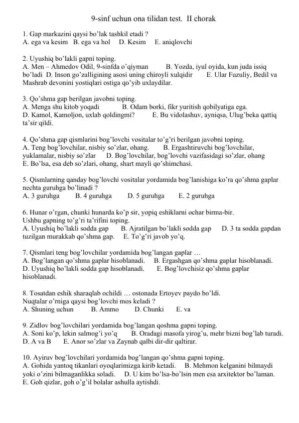 9-sinf uchun ona tilidan test. II chorak
