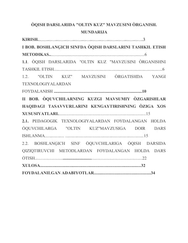 ÒQISH DARSLARIDA “OLTIN KUZ” MAVZUSINI ÒRGANISH