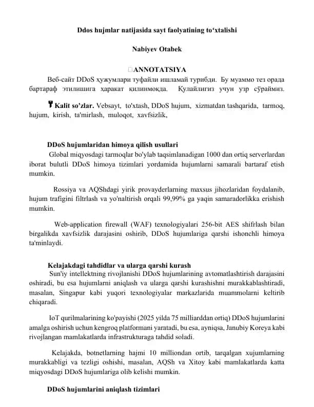 DDoS hujumlaridan himoya qilish usullari
