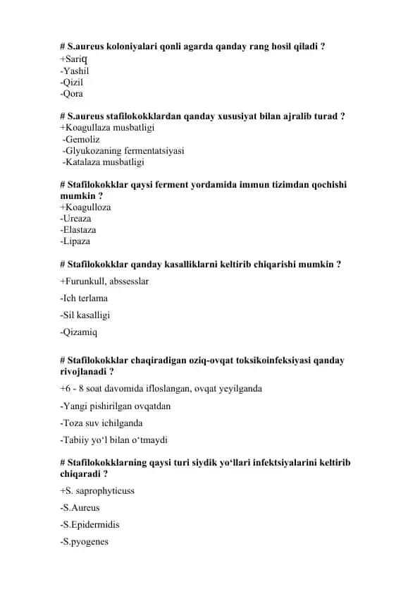 Stafilokokklar haqida test savollari