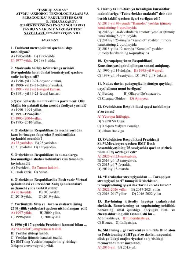 Yakuniy Nazorat Test Savollari