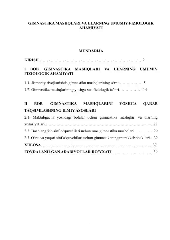 GIMNASTIKA MASHQLARI VA ULARNING UMUMIY FIZIOLOGIK AHAMIYATI