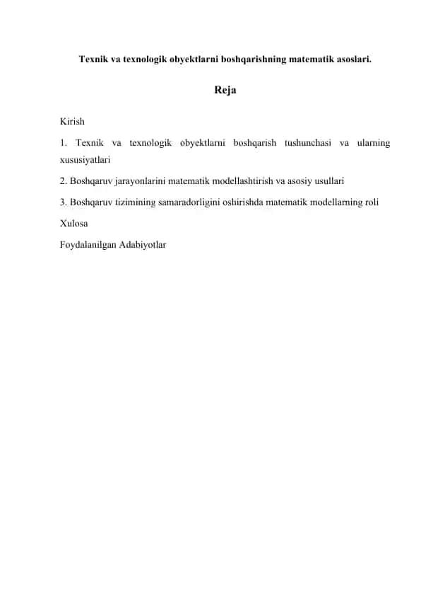 Texnik va texnologik obyektlarni boshqarishning matematik asoslari