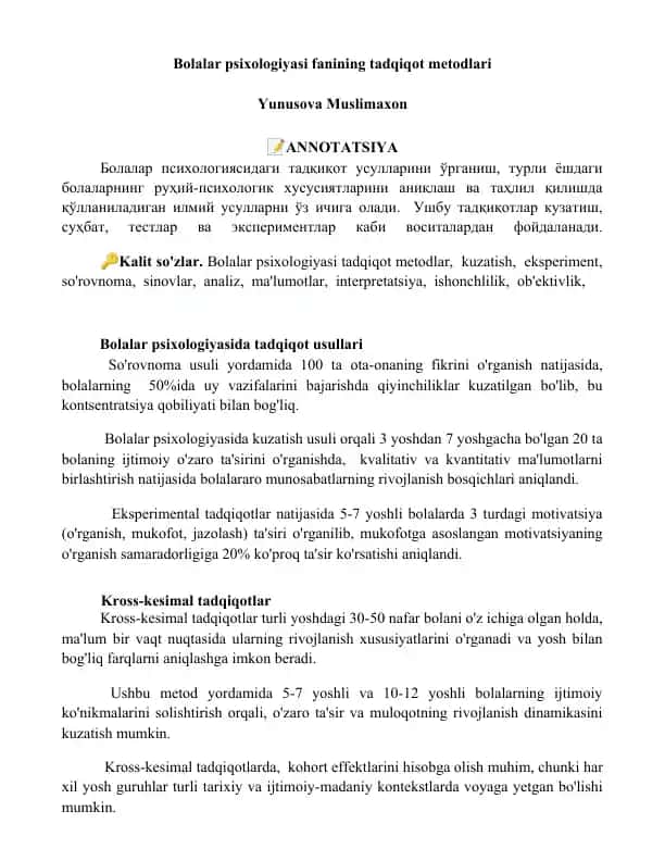 Bolalar psixologiyasi fanining tadqiqot metodlari