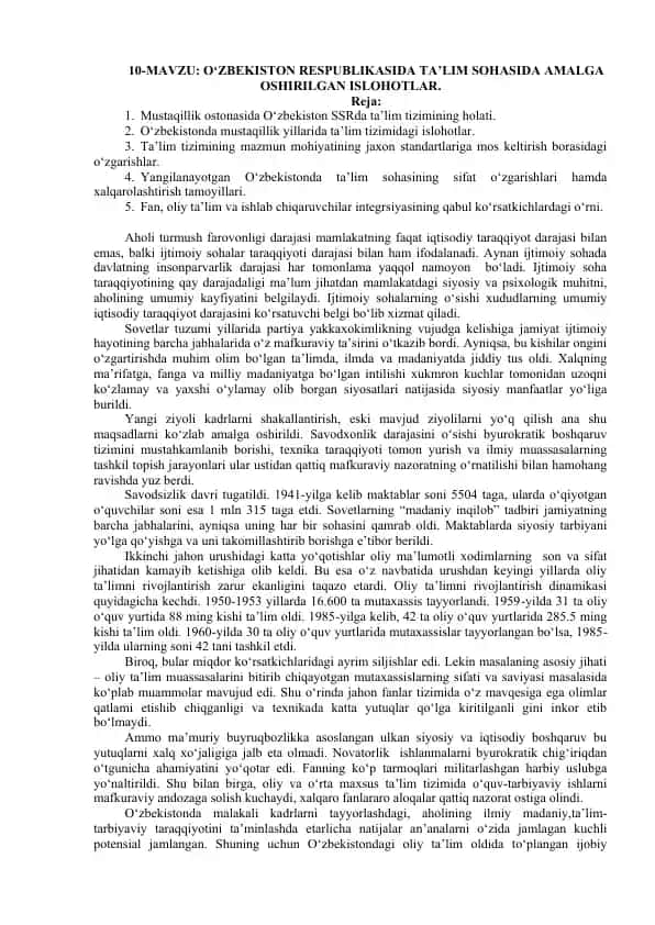 O‘ZBEKISTON RESPUBLIKASIDA TA’LIM SOHASIDA AMALGA OSHIRILGAN ISLOHOTLAR