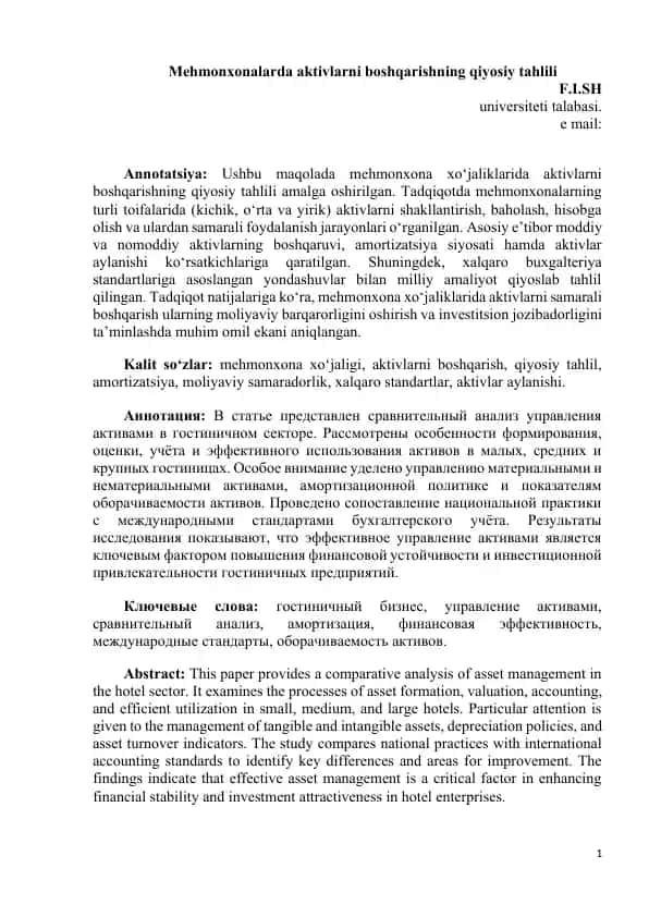 Mehmonxonalarda aktivlarni boshqarishning qiyosiy tahlili