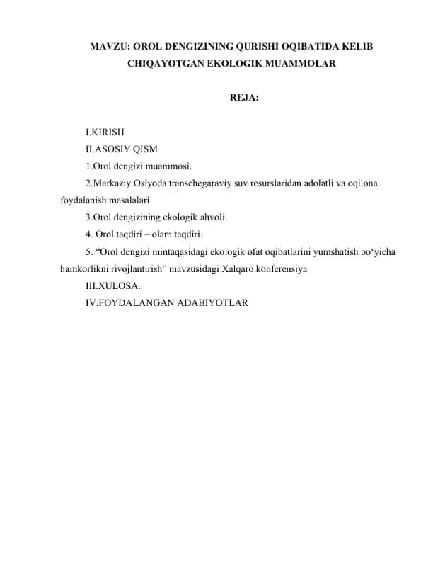 Orol dengizining qurishi oqibatida kelib chiqayotgan ekologik muammlar