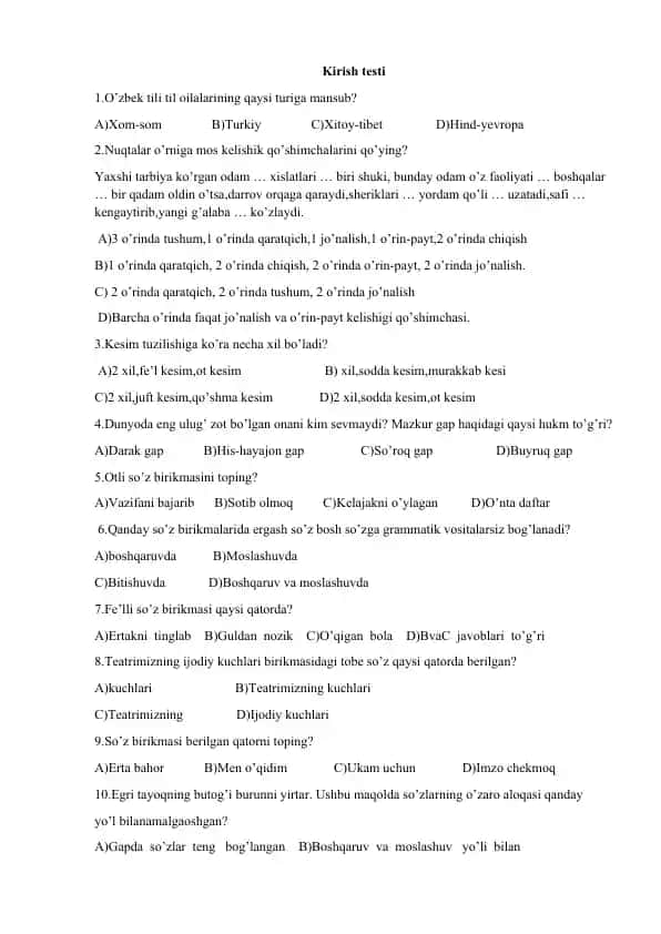 O'zbek tilida testlar