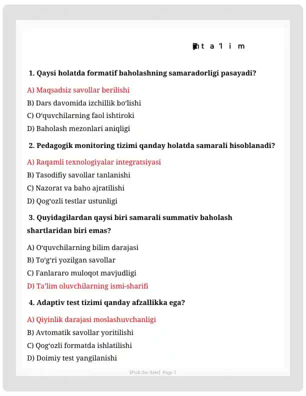 Zamonaviy ta’lim jarayonida pedagogik nazorat