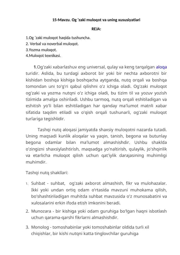 Og'zaki muloqot va uning xususiyatlari