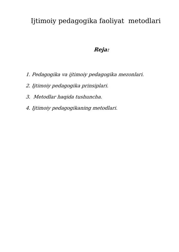 Ijtimoiy pedagogika faoliyat metodlari
