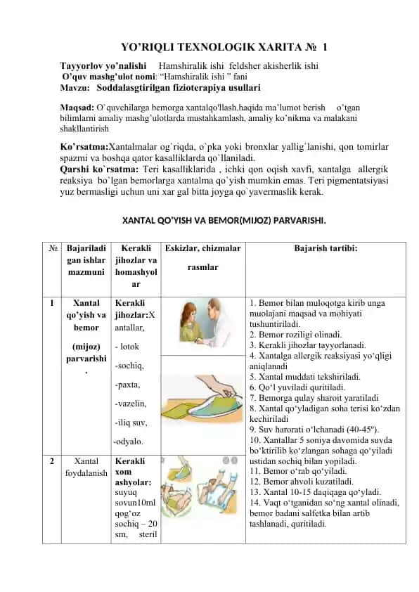 Xantal qo’yish va bemor (mijoz) parvarishi