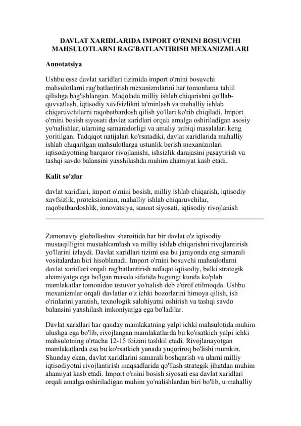DAVLAT XARIDLARIDA IMPORT O'RNINI BOSUVCHI MAHSULOTLARNI RAG'BATLANTIRISH MEXANIZMLARI