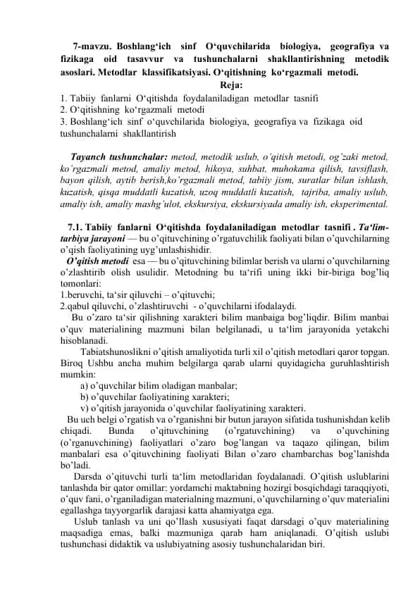Tabiiy fanlarni o'qitishda foydalaniladigan metodlar tasnifi