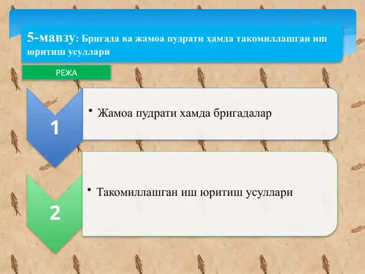 Бригада ва жамоа пудрати ҳамда такомиллашган иш юритиш усуллари
