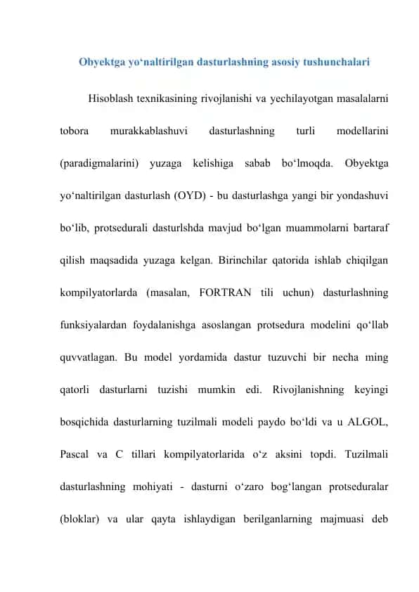 Obyektga yo‘naltirilgan dasturlashning asosiy tushunchalari