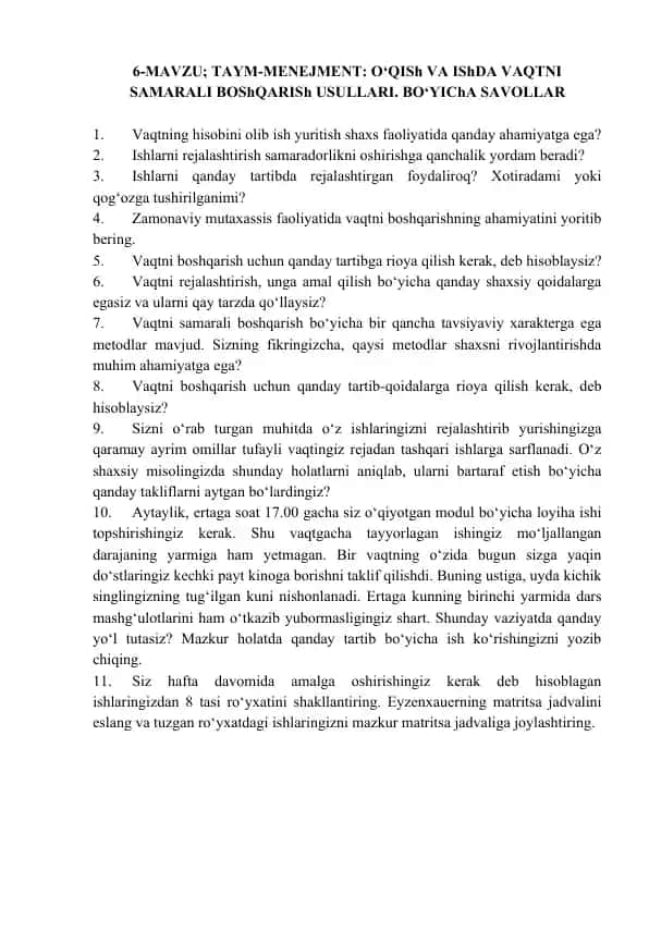 Taym-menejment: O‘qish va ishda vaqtni samarali boshqarish usullari