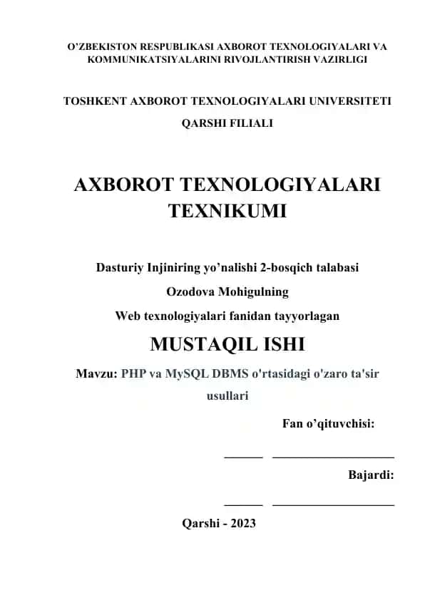 PHP va MySQL DBMS o'rtasidagi o'zaro ta'sir usullari