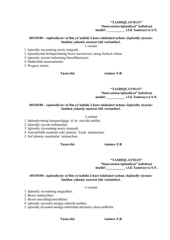 Iqtisodiy siyosat fanidan yakuniy nazorat ishi variantlari