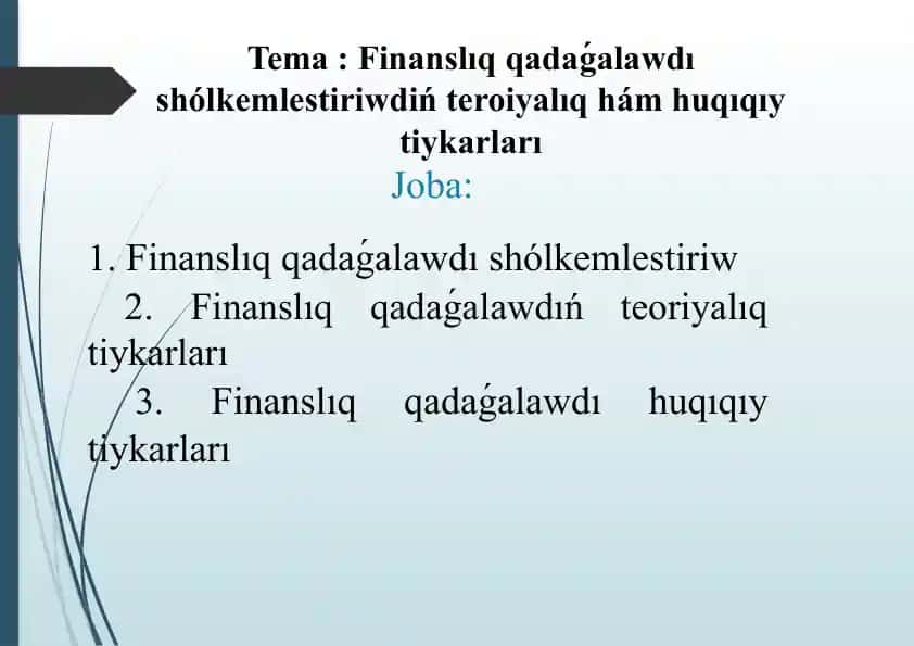 Finanslıq qadaǵalawdı shólkemlestiriwdiń teroiyalıq hám huqıqıy tiykarları
