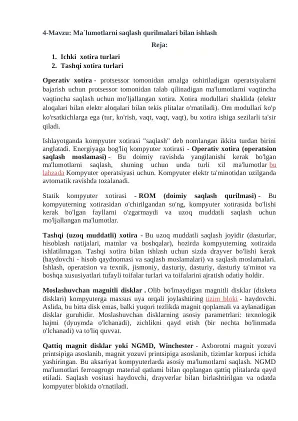 Ma`lumotlarni saqlash qurilmalari bilan ishlash