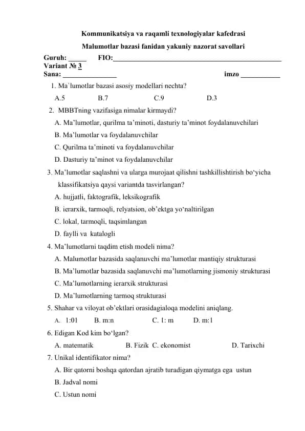 Kommunikatsiya va raqamli texnologiyalar kafedrasi yakuniy nazorat savollari
