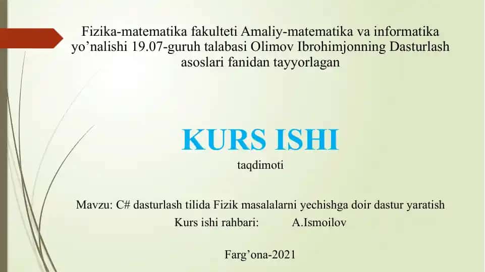 C# dasturlash tilida Fizik masalalarni yechishda dastur yaratish kursi