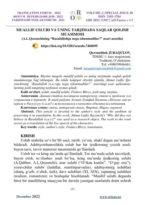 MUALLIF USLUBI VA UNING TARJIMADA SAQLAB QOLISH MUAMMOSI
