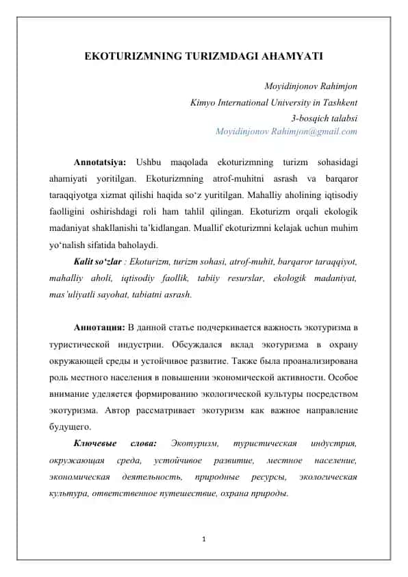 EKOTURIZMNING TURIZMDAGI AHAMYATI