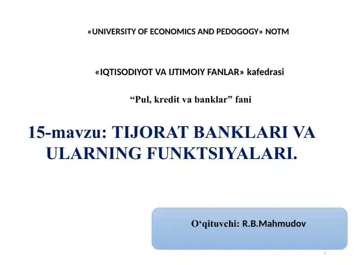 Tijorat banklari va ularning funksiyalari