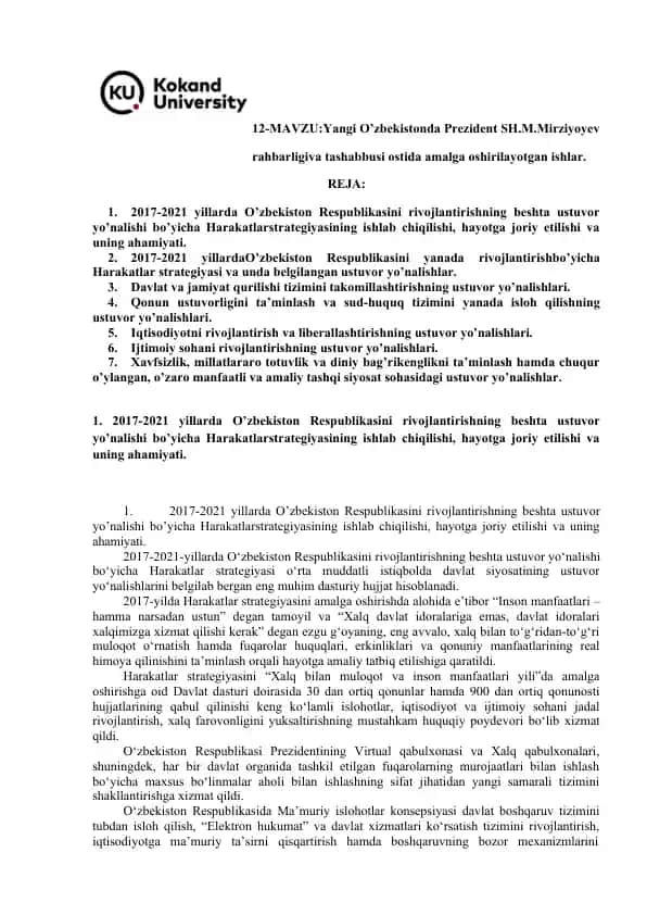 Yangi O’zbekistonda Prezident SH.M.Mirziyoyev rahbarligiva tashabbusi ostida amalga oshirilayotgan ishlar