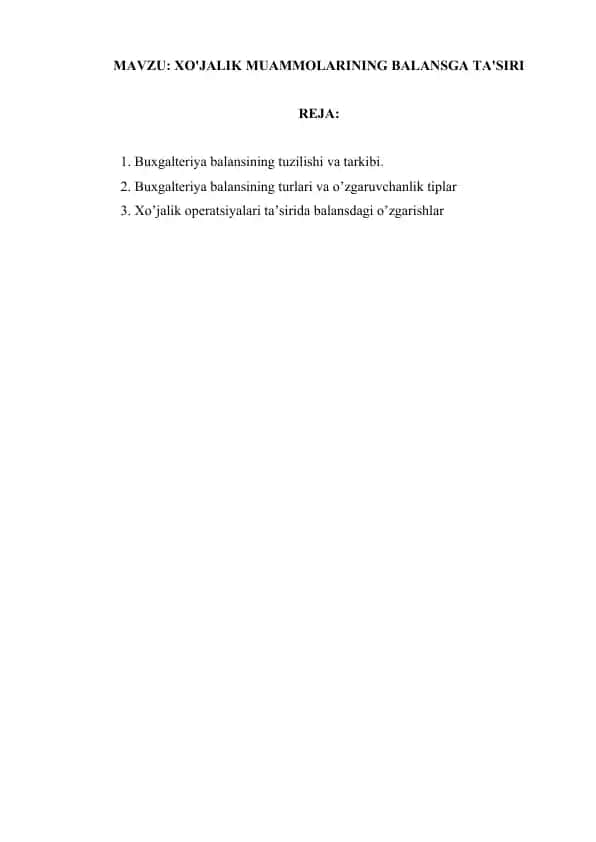 XO'JALIK MUAMMOLARINING BALANSGA TA'SIRI