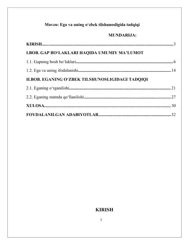 Ega va uning o‘zbek tilshunosligida tadqiqi