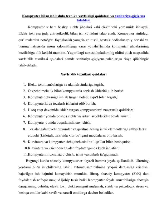 Kompyuter bilan ishlashda texnika xavfsizligi qoidalari va sanitariya-gigiyena talablari