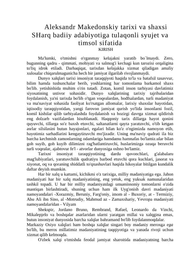 Aleksandr Makedonskiy tarixi va shaxsi SHarq badiiy adabiyotiga