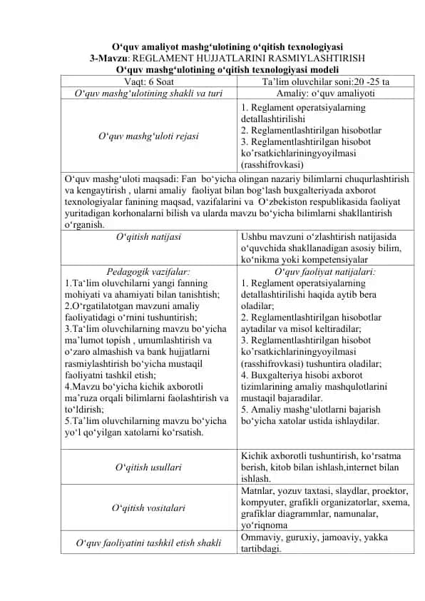 Oʻquv amaliyot mashgʻulotining oʻqitish texnologiyasi