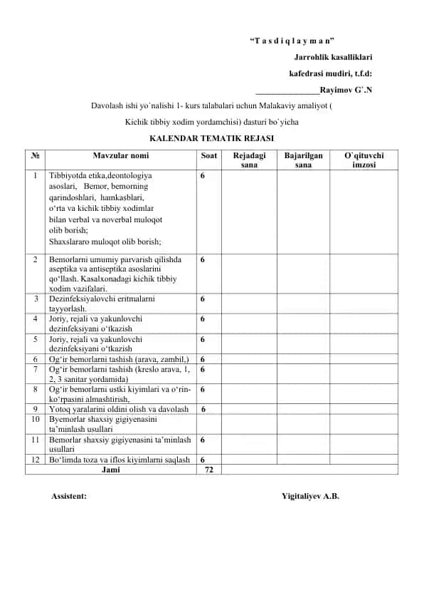 Malakaviy amaliyot dasturi bo'yicha KALENDAR TEMATIK REJASI