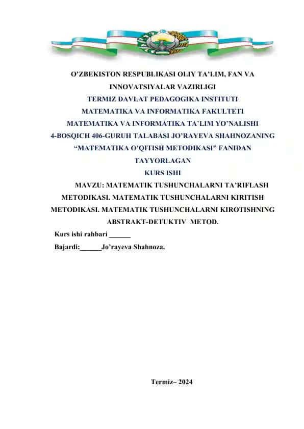 Matematik Tushunchalarni Ta’riflash Metodikasi