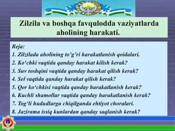 Zilzila va boshqa favqulodda vaziyatlarda aholining harakati