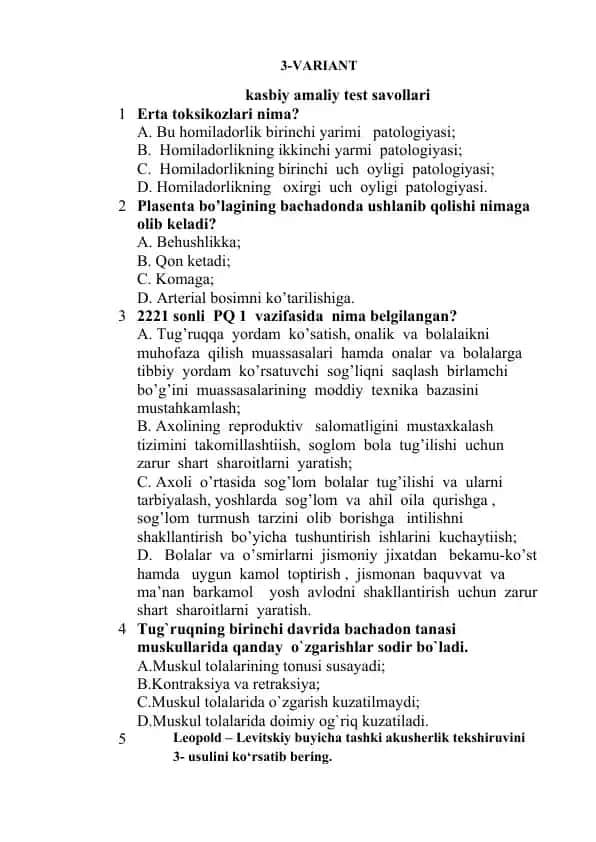 Kasbiy amaliy test savollari