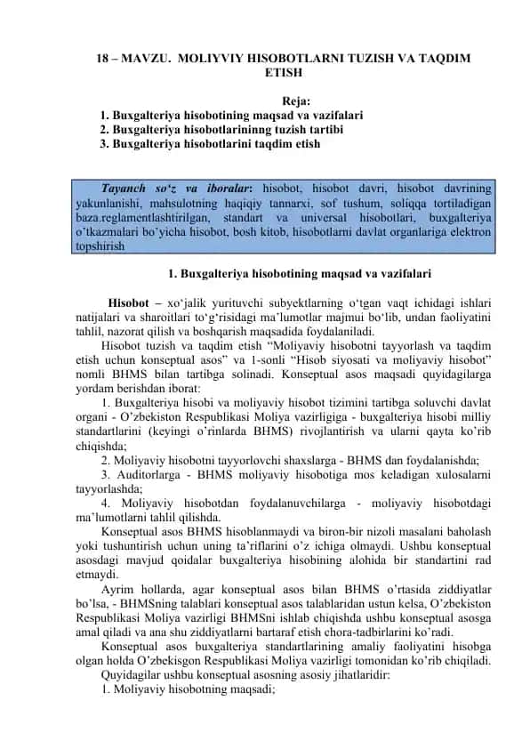 MOLIYVIY HISOBOTLARNI TUZISH VA TAQDIM ETISH