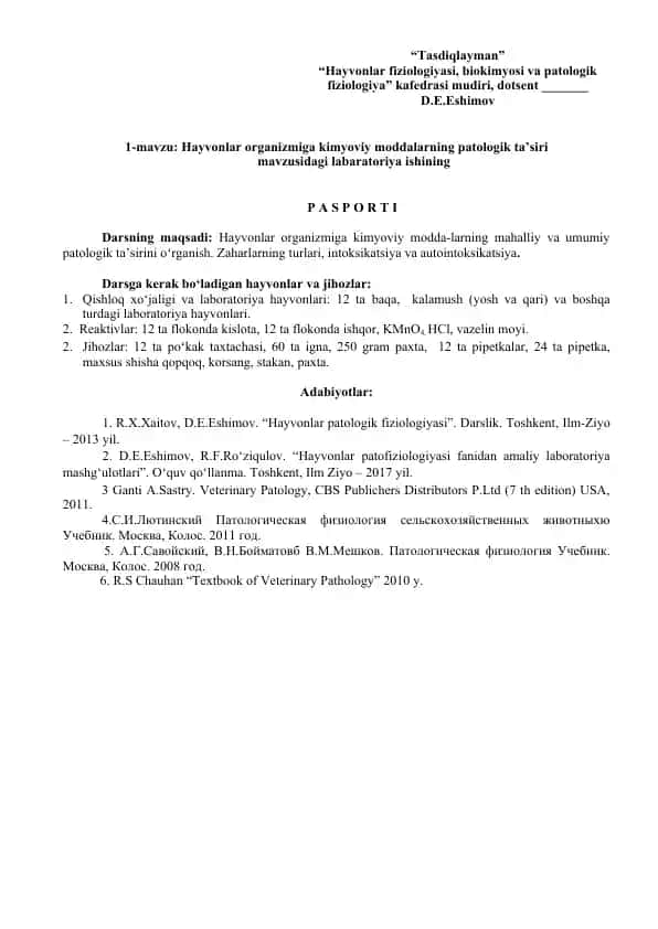 Hayvonlar organizmiga kimyoviy moddalarning patologik ta’siri labaratoriya ishi