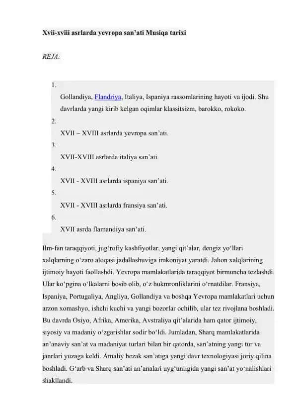 XVII-XVIII asrlarda Yevropa san’ati tarixi taqdimoti