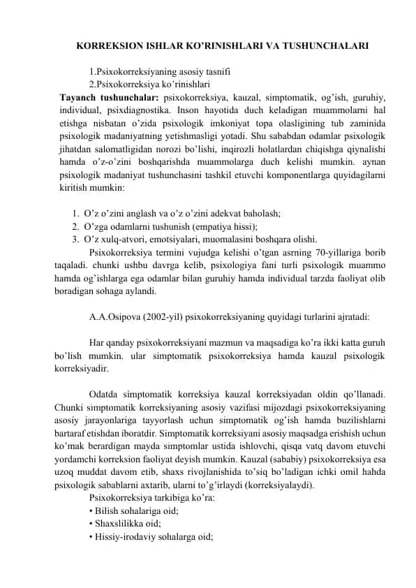 Psixokorreksiya ko’rinishlari va tushunchalari