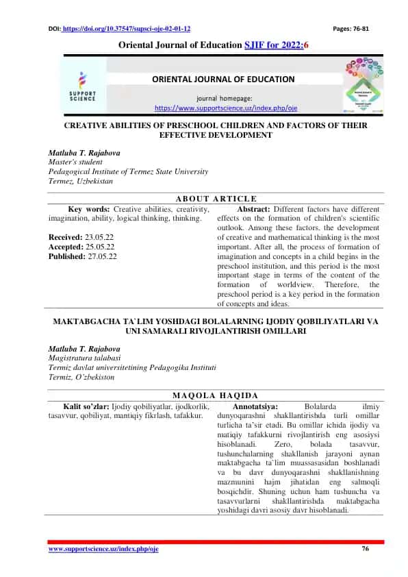 MAKTABGACHA TA`LIM YOSHDAGI BOLALARNING IJODIY QOBILIYATLARI VA UNI SAMARALI RIVOJLANTIRISH OMILLARI